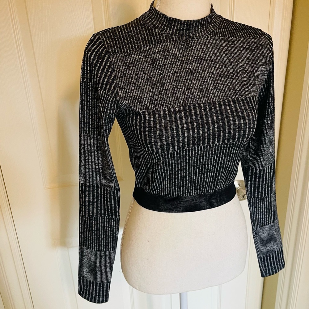 Fabletics. Black and Gray Striped Long Sleeve Top